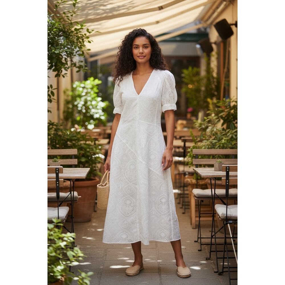 Zara Sz M NWT White Eyelet Midi Dress A-line Fit & Flare Short Puff Sleeve